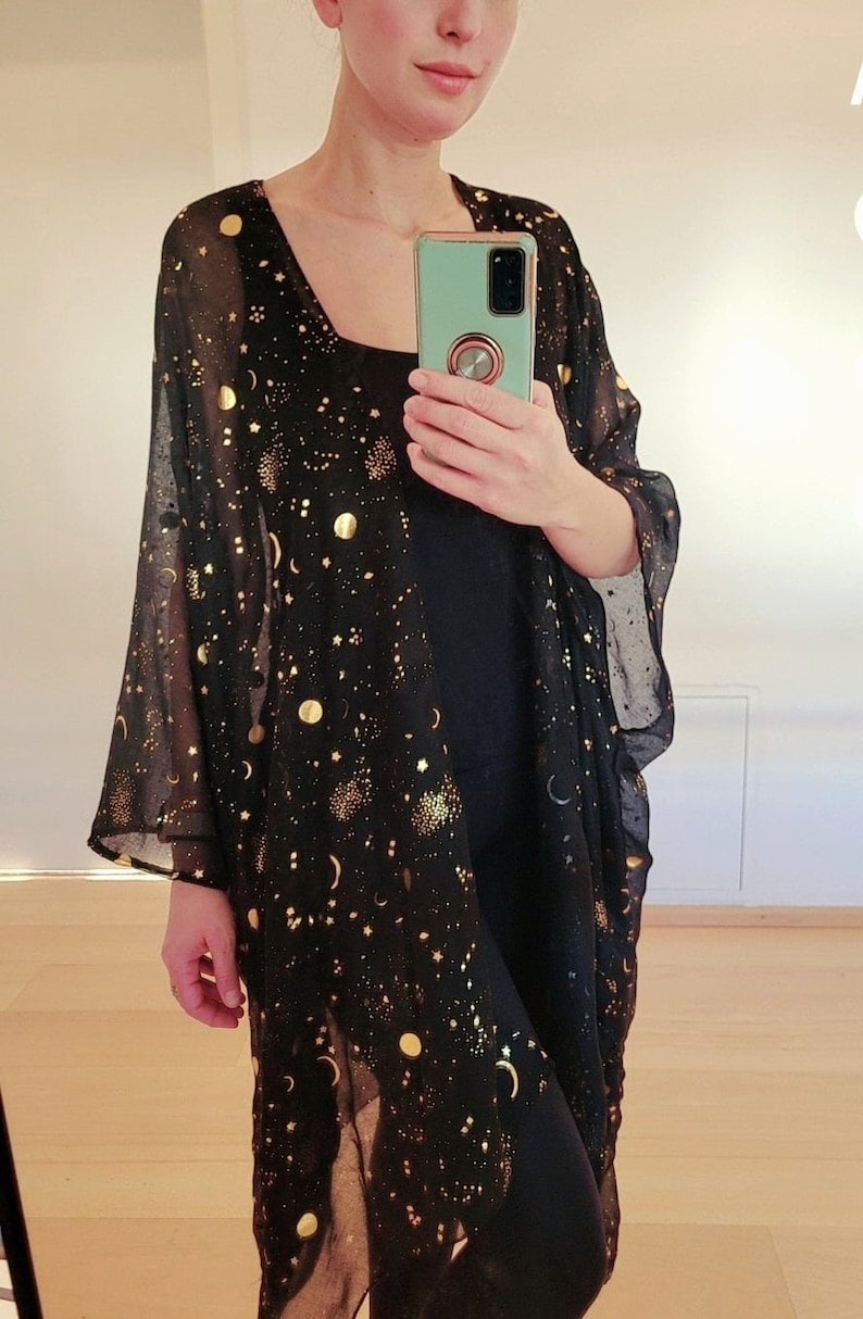 Unisex moon and stars cardigan, women black long kimono, men light cardigan,festival kimono, plus size bikini cover up, paisley print kimono Bild 4