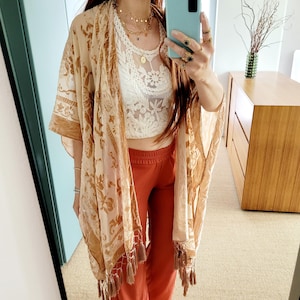 Burnout Samt Kimono Cardigan – Boho Glam Kimono, Festival Look, Celestial Velvet Wrap, Leichter Boho Mantel, Schwarz-Gold Kimono
