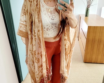 Burnout Samt Kimono Cardigan – Boho Glam Kimono, Festival Look, Celestial Velvet Wrap, Leichter Boho Mantel, Schwarz-Gold Kimono