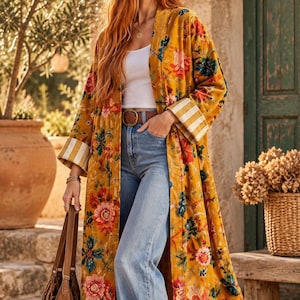Könnte beinhalten: Ein langer senfgelber Duster-Mantel mit einem lebendigen Blumenmuster in Rot-, Rosa- und Blautönen. Der Mantel hat breite, umgeschlagene Ärmelaufschläge mit weiß-beigem Streifenmuster, ein weißes Tanktop, eine blaue Jeans und einen braunen Ledergürtel.