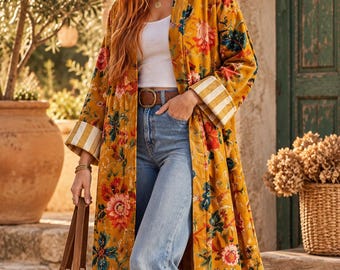 Floral Boho Jacket, Bohemian Velvet Coat, Colorful Statement Jacket, Oversized Cardigan, Fall Coat for Women