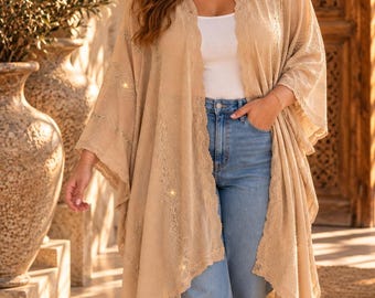 Beige Embellished Kimono Cardigan, Rhinestone Boho Poncho, Plus Size Cover Up S–3XL