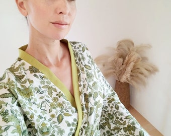 Customized damen baumwoll kimono, kimono robe Frauen, Boho kimono, floral grün Damen Morgenmantel, hippie boho kimono