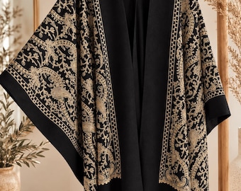 Black Embroidered Kimono, Beige Gold Boho Poncho Cape, Fringe Statement Cardigan, Plus Size