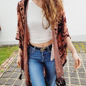 burnout velvet cardigan with tassels, boho kimono, green cardigan with tinsels, beach kimono, plus size bikini cover up, semi sheer kimono