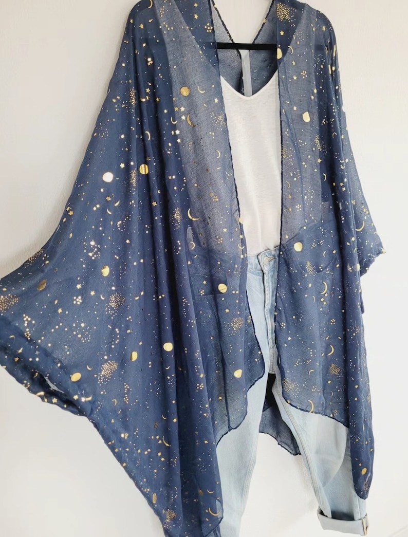 Unisex moon and stars cardigan, women black long kimono, men light cardigan,festival kimono, plus size bikini cover up, paisley print kimono Bild 6