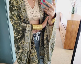Damkimono, unisex lång boho-kofta, paisleymönstrad kimono, lätt kofta, pashminajacka, grön poncho, herrkimono