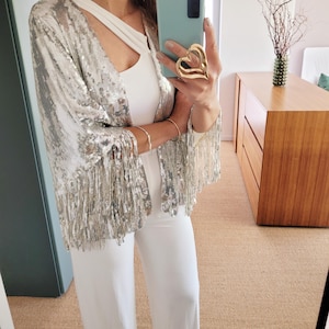 Silver sequin party cardigan with tassels oversized party jacket, red sequin kimono, black, plus size sequin tinsel jacket