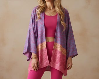 Färgglad kofta, kort kimonokofta, rosa och lila kappa, dampläd, festivalkimono, kimonojacka i plusstorlek