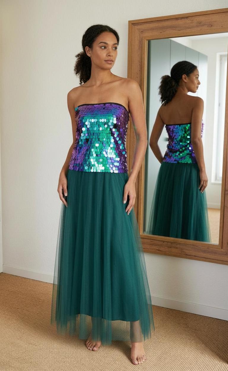 boho sequin maxi dress Embroidered Sequin Maxi Dress  Ruffle Trim Boho Occasion Dress for Women