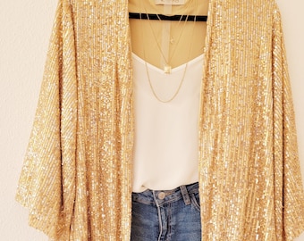 Customized short sequin cardigan/gold sequin kimono jacket/ plus size sequin cardigan/sequin blazer/ festival short sequin kimono