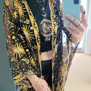 Sequin Festival Kimono Moon & Stars | Glitzer Kimono Einheitsgröße | Boho Kimono Cardigan | Pailletten Cape für Party und Festivals