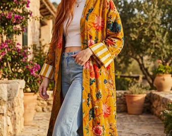 Boho sammetskimonokappa | Stor jacka | Casual sammetskappa en storlek | Övergångsjacka för kvinnor