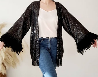 Purple sequined blazer with feather sleeves, plus size sequined blazer,coachella black short kimono, party sparkling plus size sequin jacket