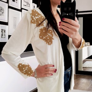 Customized velvet blazer with applique, evening blazer, velvet cardigan, party blazer, white velvet jacket, wedding jacket