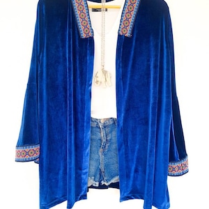 Velvet cardigan women, velvet blazer, velvet short kimono, embroidered kimono jacket, oversized velvet jacket, velvet jacket royal blue, ethno cardigan