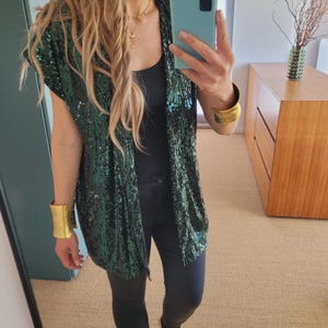Unisex short sequin vest / sleevless jacket/ light sequin vest/plus size sequin cardigan/green sequin top/ golden glitter vest
