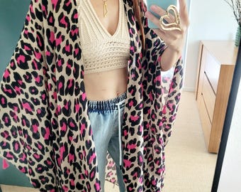 Cardigan quente de primavera com estampa de leopardo, poncho grosso, jaqueta quimono feminina, poncho marrom preto, xale plus size, quimono masculino