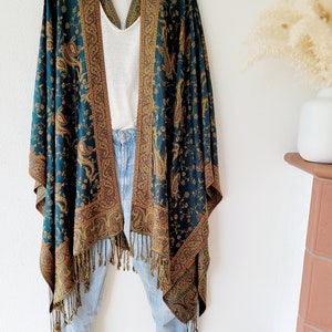 Unisex boho long cardigan, paisley print kimono, light cardigan, festival kimono, green and dark gold kimono, teal and fuchsia kimono