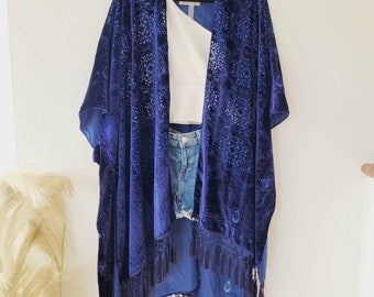 Burn out velvet cardigan with tassels, long boho kimono, light cardigan with tassels, blue kimono, plus size bikini cover up, yellow kimono