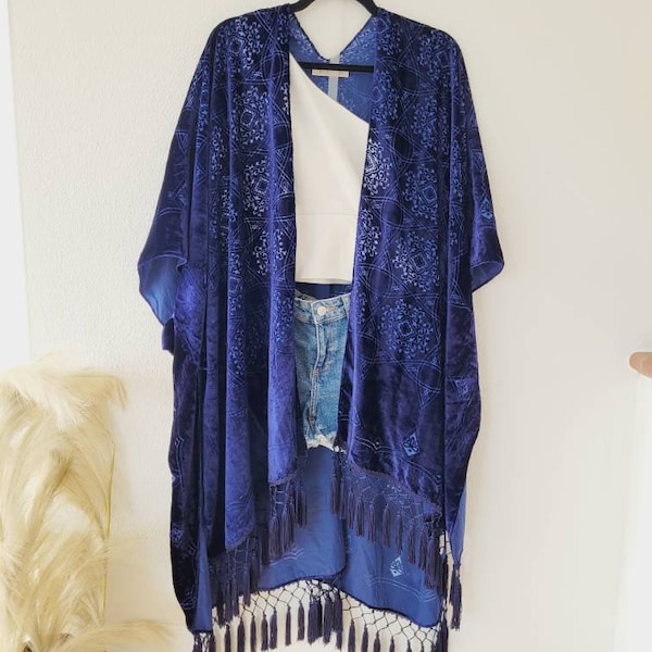 Burn out velvet cardigan with tassels, long boho kimono, light cardigan with tassels, blue kimono, plus size bikini cover up, yellow kimono