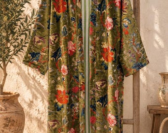 Floral Velvet Kimono Jacket, Cotton Velvet Coat, Boho Duster Jacket, Oversized Kimono, Fall Jacket, Statement Coat