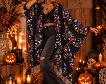 Halloween Kimono with Skull Pattern – Boho Gothic Wrap with Fringe – Día de los Muertos Cape – Women's Festival Outfit