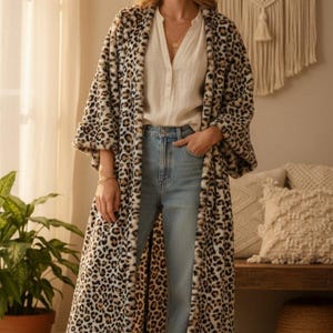 Faux fur kimono women, leopard print jacket, loose fit cardigan, customized, leopard kimono, warm, xxxl Kimono jacket