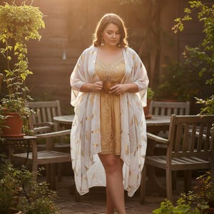 Könnte beinhalten: Ein goldfarbenes Kleid mit aufwendigen Perlen und ein passendes, durchsichtiges, weißes Kimono mit goldenen Blattmustern. Das Outfit wird im Freien in einem Garten getragen, mit Holzmöbeln und Topfpflanzen.