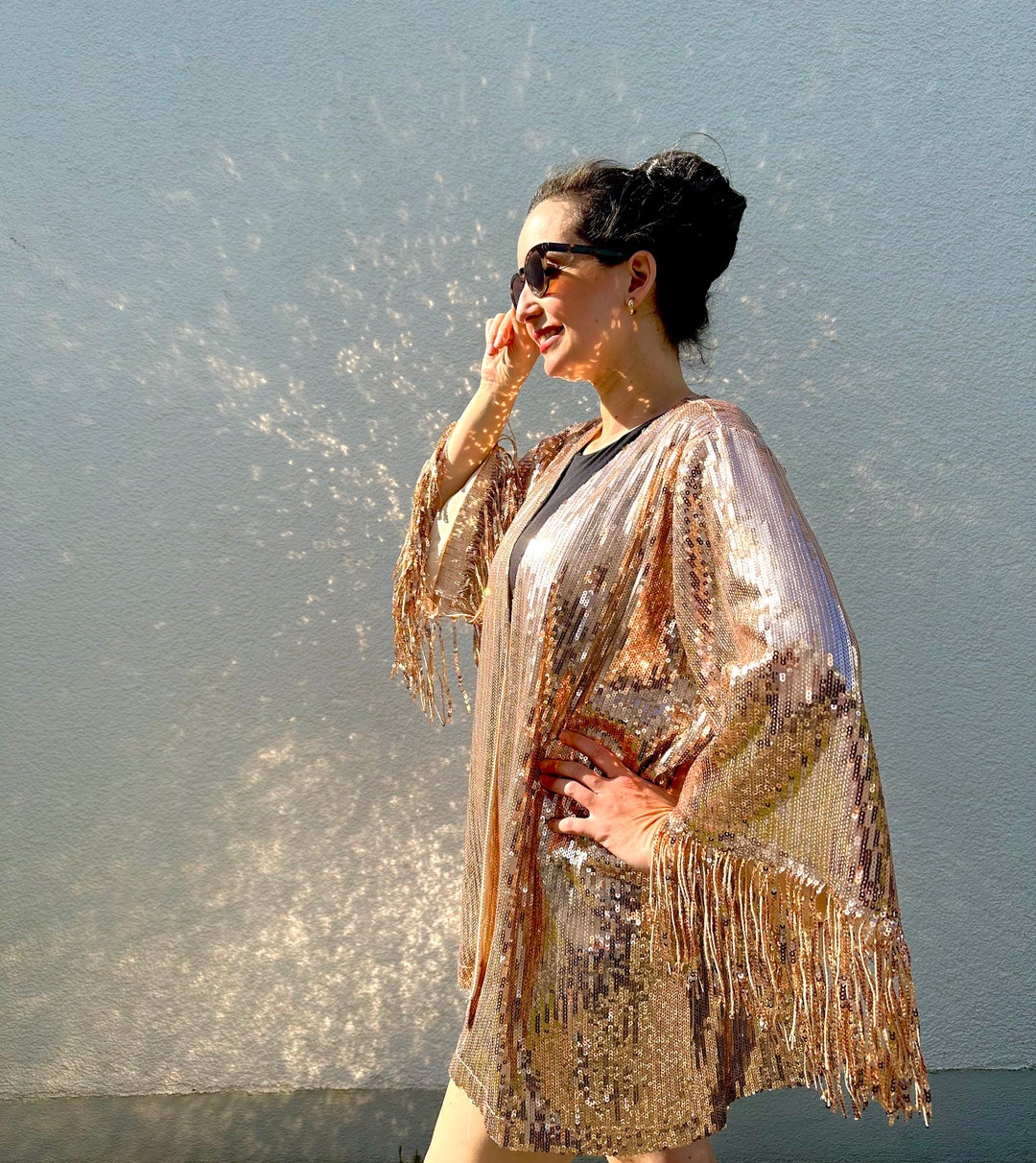 Gold Sequin Party Cardigan With Tassels Oversized Party Jacket, Red