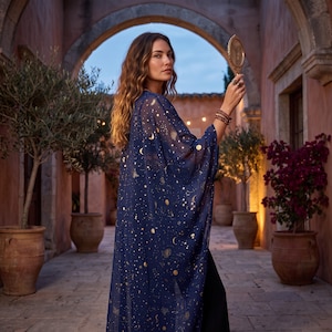 Whimsigoth Moon & Stars Kimono – Boho Festival Cardigan, Unisex Sheer Cover Up, Plus Size Friendly, boho moon kimono, witchy cardigan