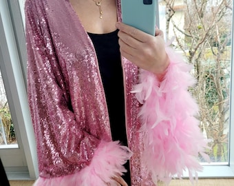 Customized pink sequin blazer women in with feathers, sequin jacket, plus size sparkling cardigan, evening jacket