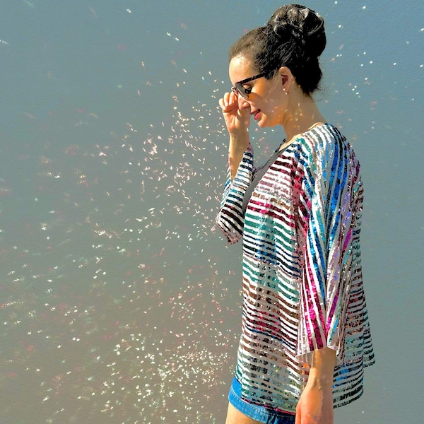 Veste de fête surdimensionnée de cardigan à paillettes colorées, kimono à paillettes coachella, cardigan à paillettes blanc bleu, rose plus taille, veste à paillettes