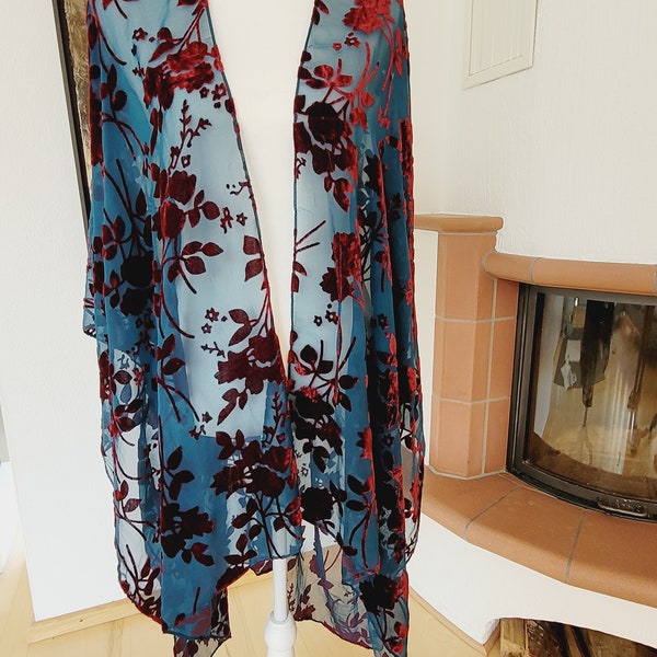 Unisex petrol burnout velvet kimono, boho velvet kimono, floral shawl cardigan, wine red, black, plus size festival velvet shawl