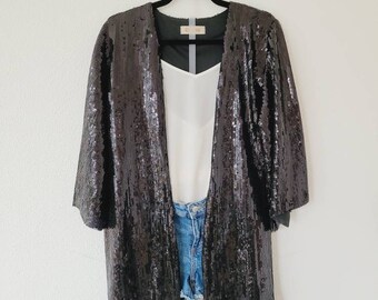 Unisex short sequined cardigan/ black sequin jacket/ cocktail party cardigan/ plus size sequin cardign/ 3/4 sleeve black sequin blazer