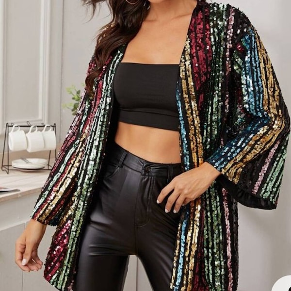 Veste de fête surdimensionnée cardigan à paillettes colorées personnalisées, kimono noir, cardigan à paillettes taille plus, veste à paillettes, cardigan kimono à paillettes