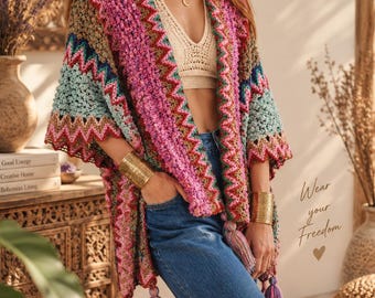 Boho knitted poncho – hand-crocheted look, one size, cozy and warm – autumn & winter cape with fringes