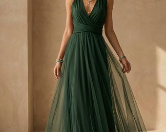 Anpassad grön oändlighetsklänning, omlottklänning med tyllkjol, pastell långklänning, sommarbrudklänning, pastellblå klänning