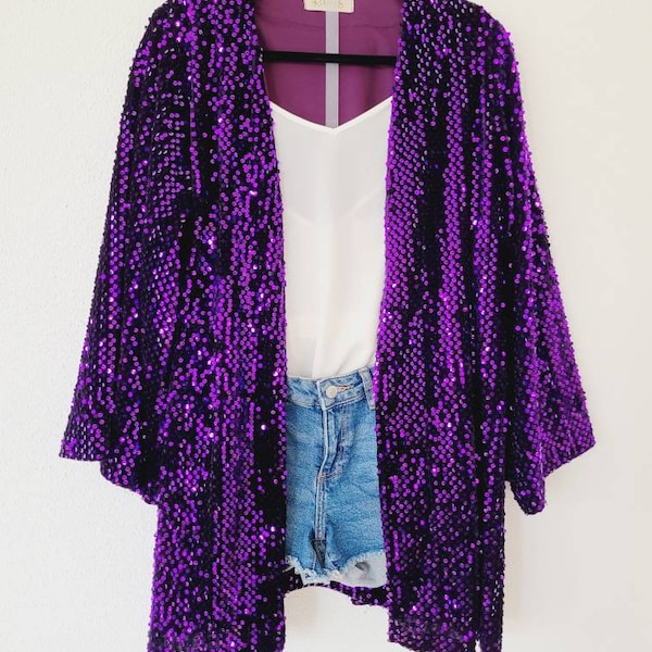 Cardigan en velours à paillettes violet personnalisé veste légère de fête surdimensionnée, blazer pailleté kimono court à paillettes, cardigan à paillettes violet plus taille