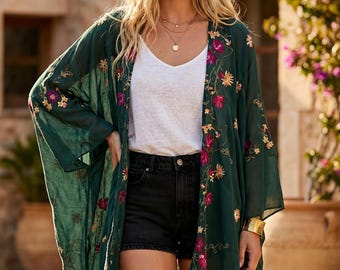 Boho kimono in viscose with floral embroidery | plus size summer cardigan in various colors | festival outfit | maternity wrap