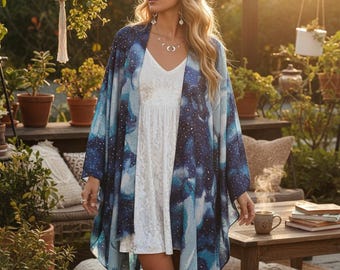 Unisex Moon and Stars Kimono – Boho Festival Cardigan, Whimsigoth Cover Up, Plus Size Beachwear, Lightweight Black Robe for Men & Women