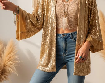 Guldfärgad paljettsammetskofta, överdimensionerad festjacka, Coachella-kimono med paljetter och glittrig kavaj, paljettjacka