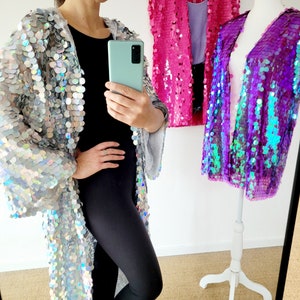 Customized mermaid sequin kimono/ silver holographic iridescent duster/unisex rainbow big sequin kimono/ parade kimono/ pride festival