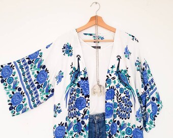 short cotton boho cardigan women, white and blue boho kimono, light jacket, beach kimono, poncho, kimono jacket, long peacock kimono