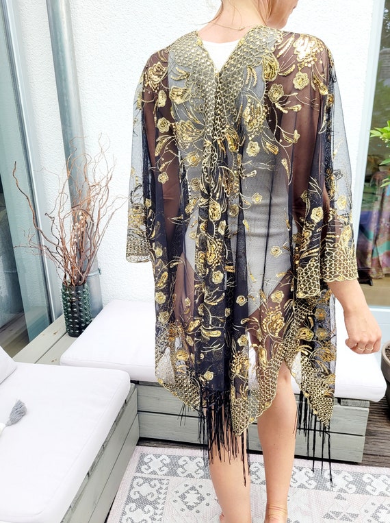 Sheer Kimono Long Black Sheer Cardigan Black Sheer Embellished Tulle Duster  Kimono  Clink To Pink Boutique
