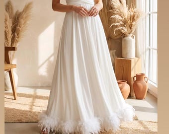 Boho brudklänning, specialtillverkad, vit omlottklänning, strandbrudklänning, maxiklänning för brudtärna, borgerlig vigselklänning, klänning med fjädrar