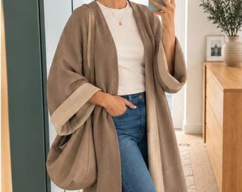 Women's muslin reversible kimono, long cotton coat, double gauze cardigan, boho kimono jacket, one size plus, custom made