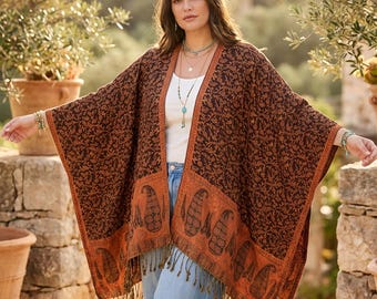 Unisex Christmas gift, boho long cardigan, paisley print kimono, light cardigan, festival kimono, green and gold kimono, christmas present