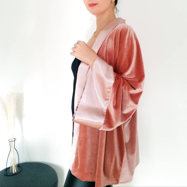 Velvet cardigan for women, teal velvet kimono, kimono jacket for women, oversized velvet jacket for women, velvet jacket in old pink, plus size velvet jacket