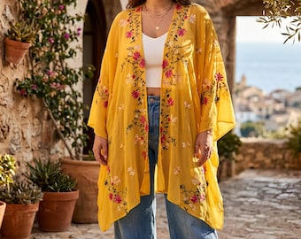3XL light cover-up boho kimono in viscose with floral embroidery | plus size summer cardigan in various colors | festival outfit